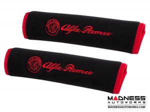 Seat Belt Shoulder Pads - set of 2 - Black w/ Alfa Romeo Logo + Red Binding Seat Belt Shoulder Pads - set of 2 - Black w/ Alfa Romeo Logo + Red Binding